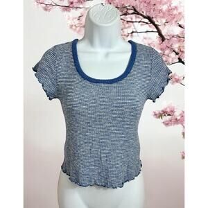 Abercrombie & Fitch Striped Blue Crop Top Sz XS Lettuce Trim Blouse Short Sleeve
